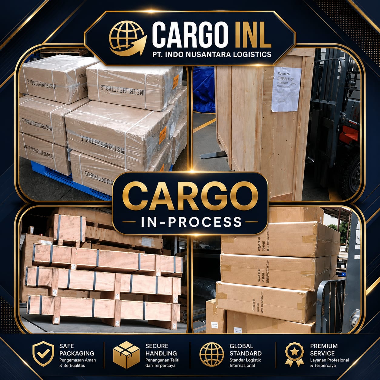 Crate kayu dan boks cargo disusun rapi menunggu pengiriman