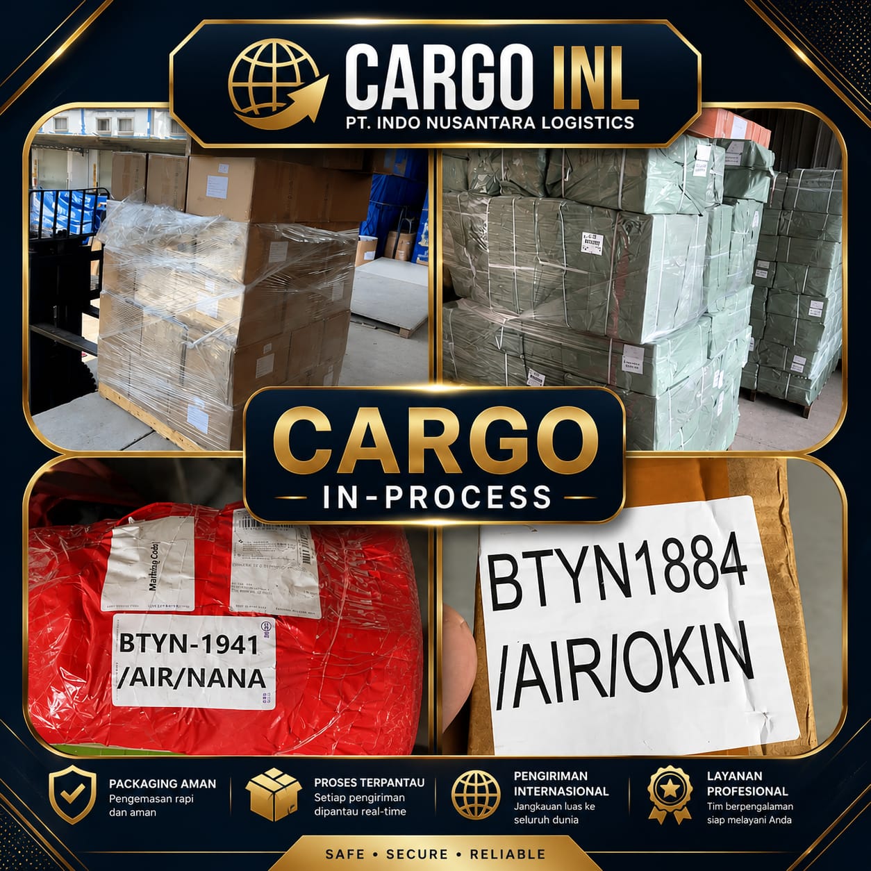 Pallet berisi boks cargo dibungkus plastik wrap