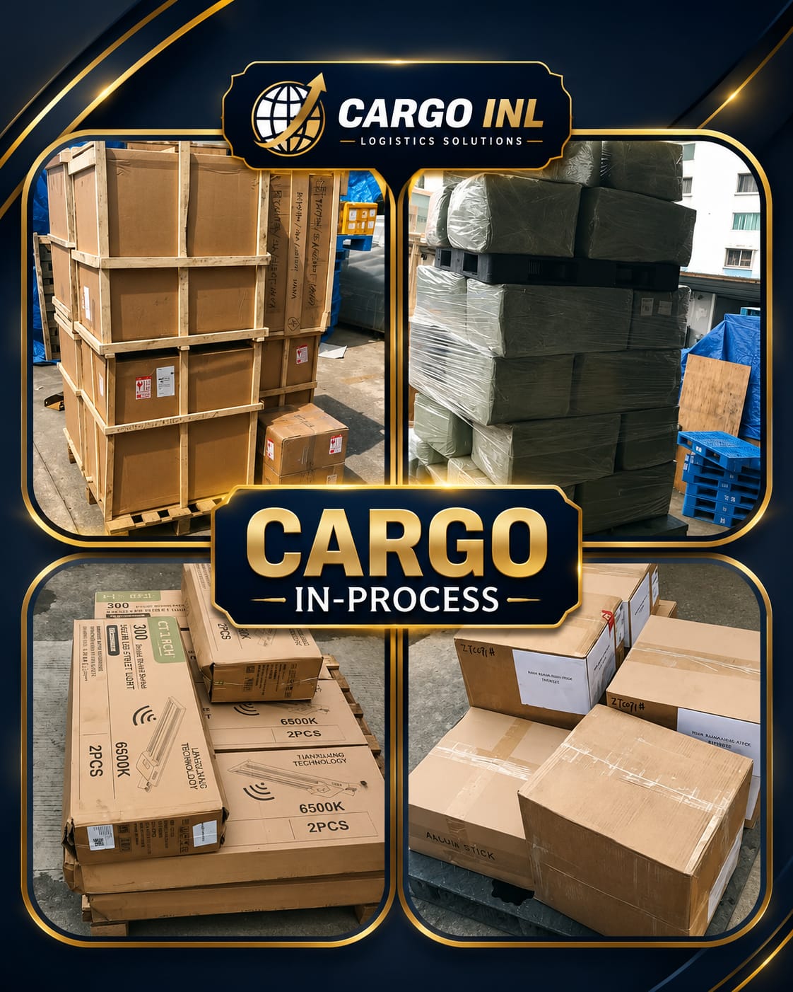 Crate kayu berlabel dan bertumpuk di area loading